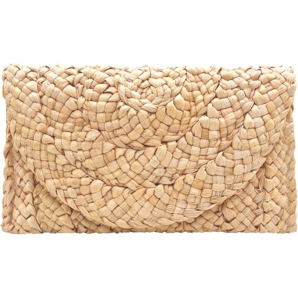 Women Khaki  Woven Straw Beach Handbag Envelope Clutch Rattan Clutch - Picture 1 of 6